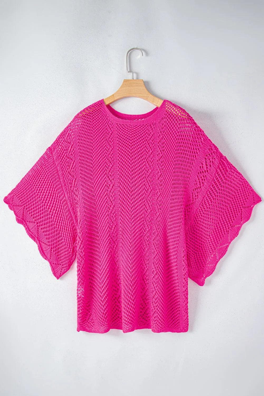Tops/Short Sleeve Sweaters Rose Red Pointelle Knit Scallop Edge Short Sleeve Top