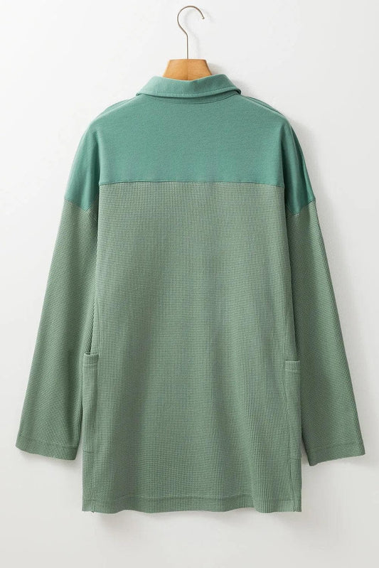 Tops/Long Sleeve Tops Smoke Green Waffle Long Sleeve Collar Half Button Loose Top