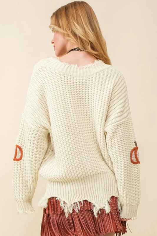Beige Cable Knit Pumpkin Raw Hem V Neck Loose Sweater - Chic Meadow Boutique
