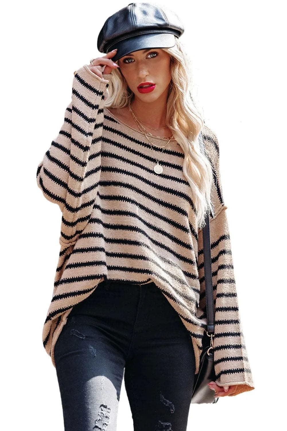 Tops/Sweaters & Cardigans Striped Print Dropped Shoulder Loose Sleeve Sweater