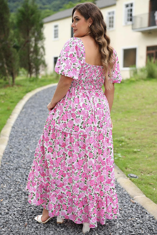 Plus Size/Plus Size Dresses/Plus Size Maxi Dresses Pink Plus Size Floral Print Smocked Puff Sleeve Dress