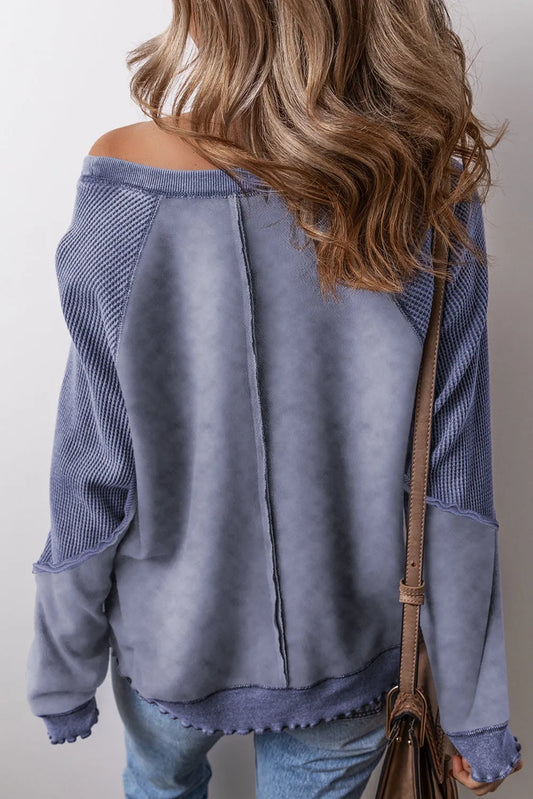 Sail Blue Solid Waffle Knit Patchwork Raglan Sleeve Sweatshirt - Chic Meadow Boutique