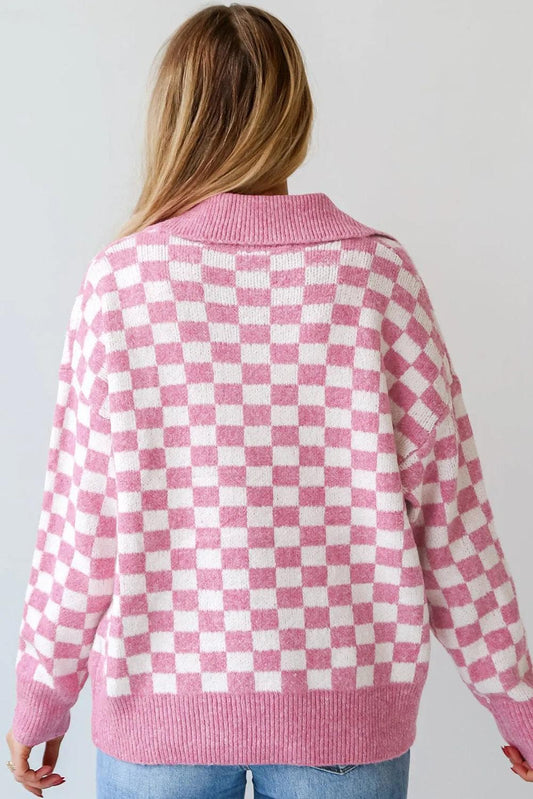 Sweaters & Cardigans/Sweaters Pink Checkered Buttons Collar V Neck Drop Shoulder Sweater