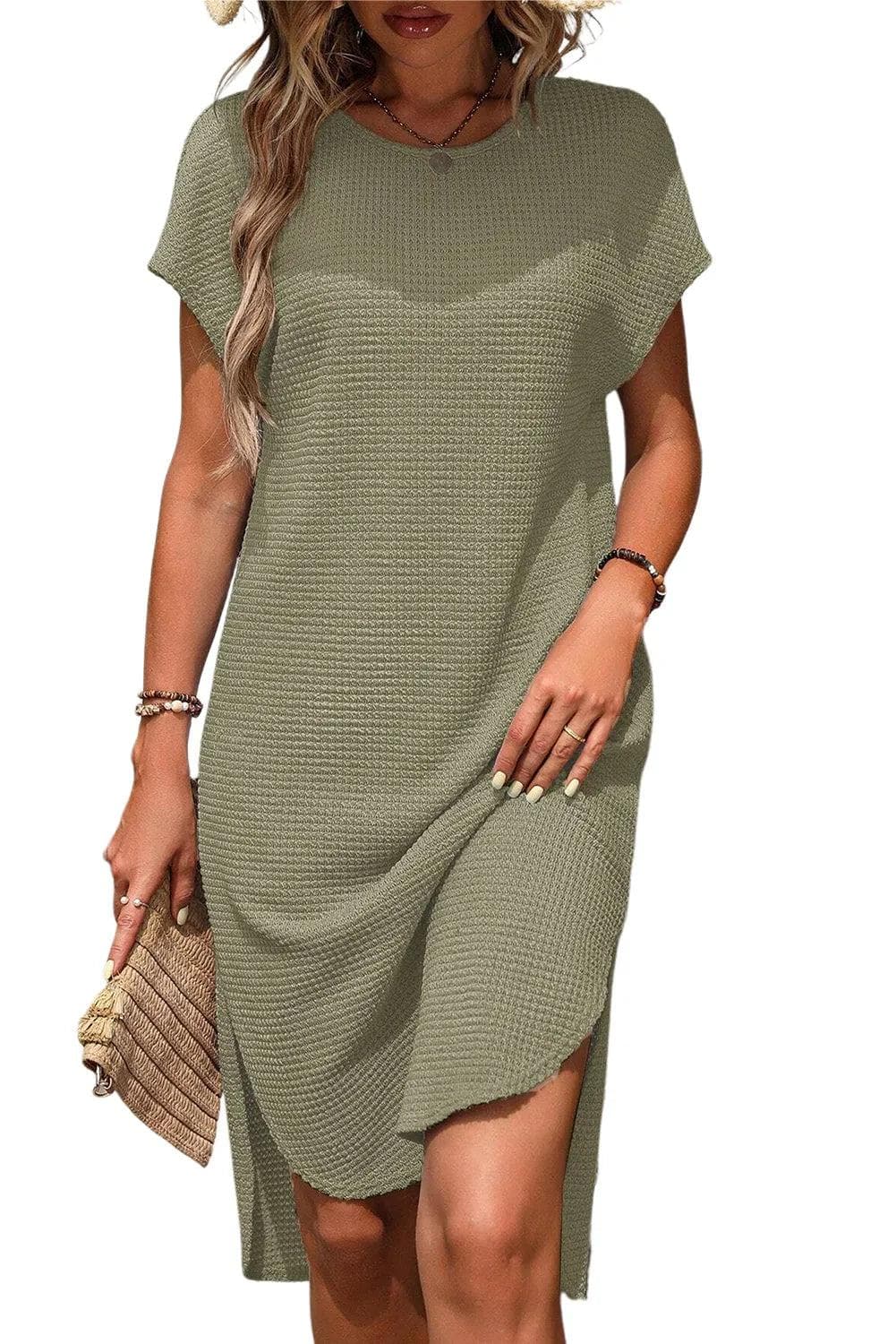 Dresses/T Shirt Dresses Jungle Green Waffle Texture Curved Hem Side Slit T-shirt Dress