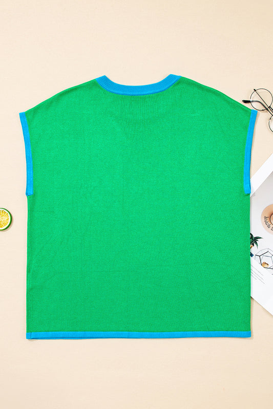 Green Contrast Trim Round Neck Short Sleeve Loose Knit Sweater