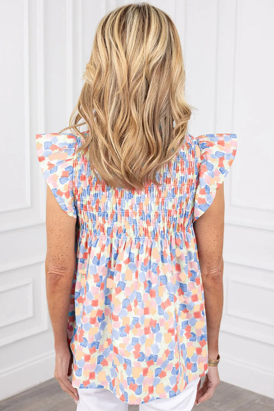 Pink Shirred Yoke Ruffled Abstract Printed Blouse - Chic Meadow Boutique