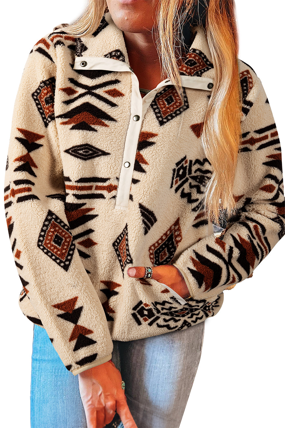 Beige Western Aztec Half Zip Plush Sweatshirt