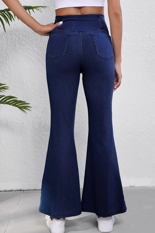 Dusk Blue Solid Crossed High Waist Fit Flare Jeans - Chic Meadow Boutique