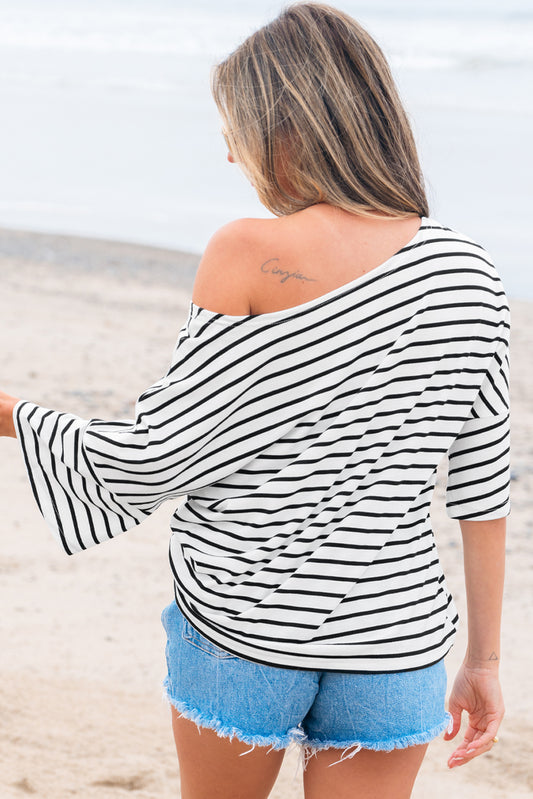 Black Stripe Half Sleeve Scoop Neck Loose Top