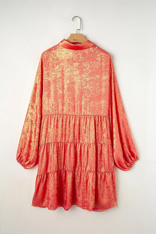 Plus Size/Plus Size Dresses/Plus Size Mini Dresses Peach Blossom Metallic Balloon Sleeve Shirt Plus Size Mini Dress