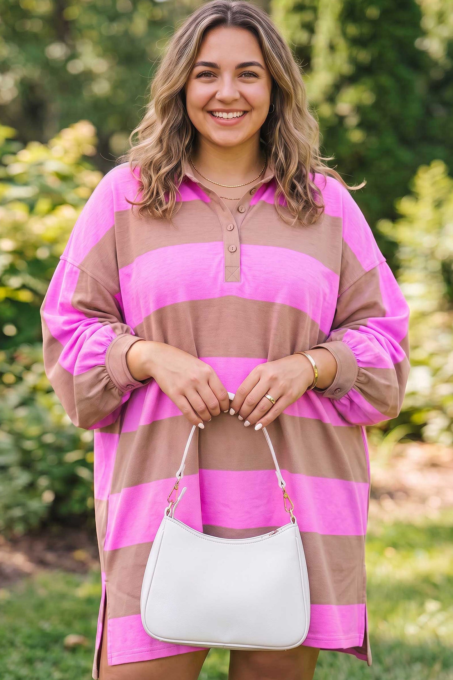 Rose Stripe Striped Colorblock Long Sleeve V Neck Shift Plus Size Dress