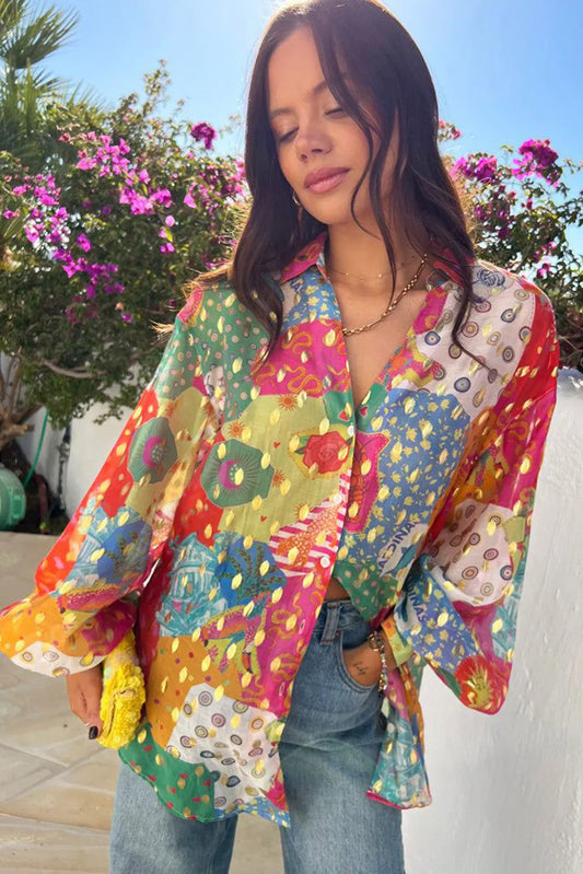 Rose Red Colorblock Abstract Print Button up Loose Shirt - Chic Meadow Boutique