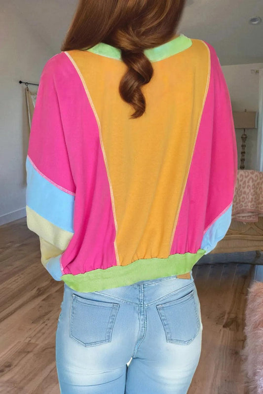 Tops/Long Sleeve Tops Grapefruit Orange Colorblock Patchwork Exposed Stitching Oversize Top