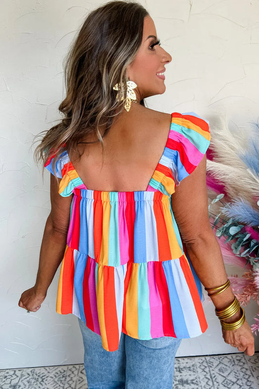 Red Stripe Ruffled Straps Babydoll Tank Top - Chic Meadow Boutique