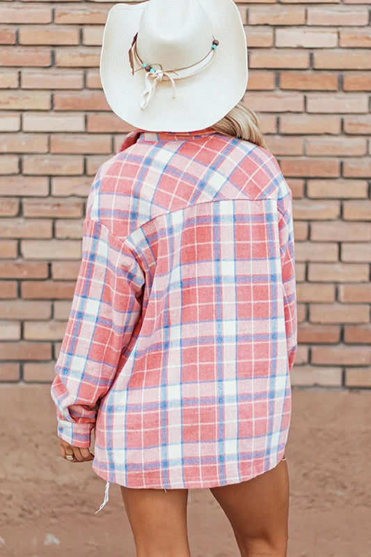 Outerwear/Plaid Shackets Pink Plaid Flap Pocket Button Up Shacket