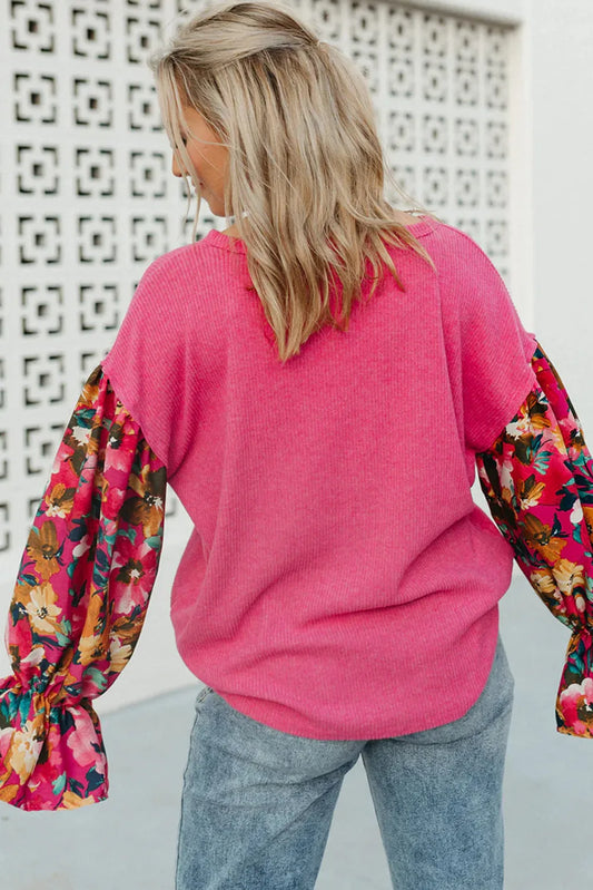Bright Pink Floral Patchwork Flounce Sleeve Rib Knit Plus Top - Chic Meadow Boutique