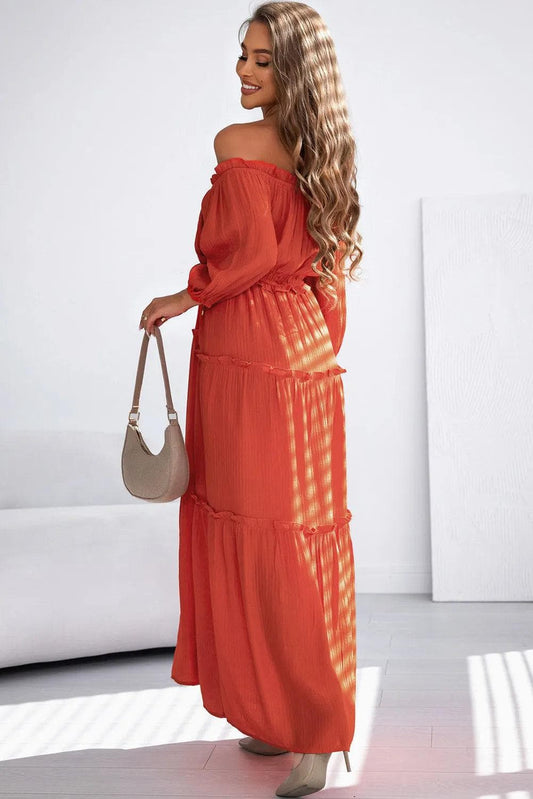 Dresses/Maxi Dresses Orange Off Shoulder Balloon Sleeve Cutout Ruffled Maxi Dress