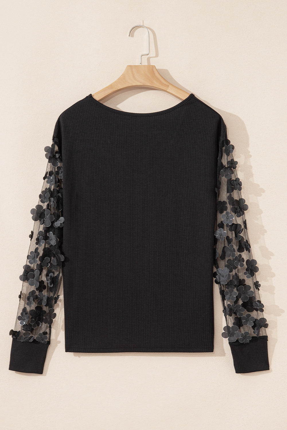 Black Flower Applique Mesh Long Sleeve V Neck Blouse