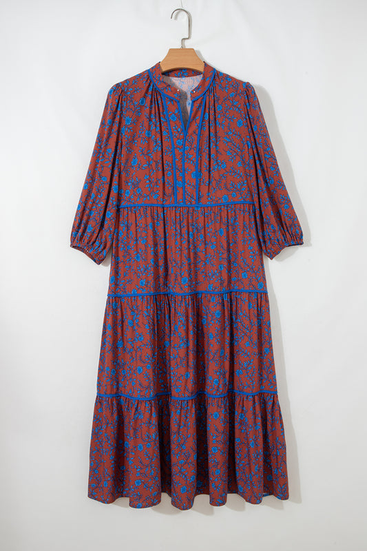 Brown 3/4 Puff Sleeve Tiered Loose Floral Dress