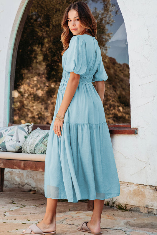 Light Blue Puff Sleeve Pleated High Waist Flowy Long Dress
