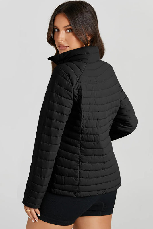 Black Solid Color Quilted Zip-up Puffer Jacket - Chic Meadow Boutique