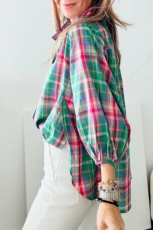 Tops/Blouses & Shirts Green Checkered 3/4 Sleeve Collared Loose Fit Shirt