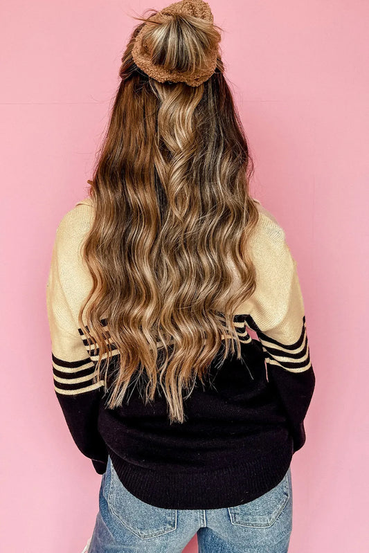 Black Colorblock Stripe Collared V Neck Sweater - Chic Meadow Boutique