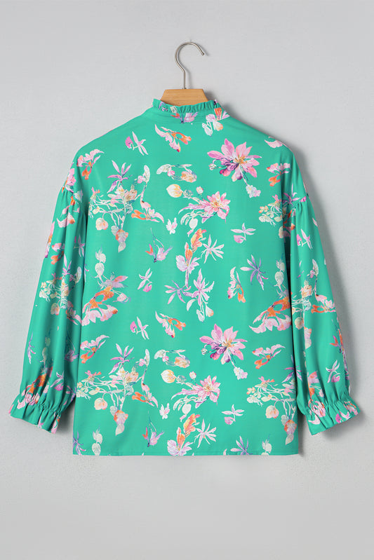 Green Floral Lantern Sleeve Button Front Shirt