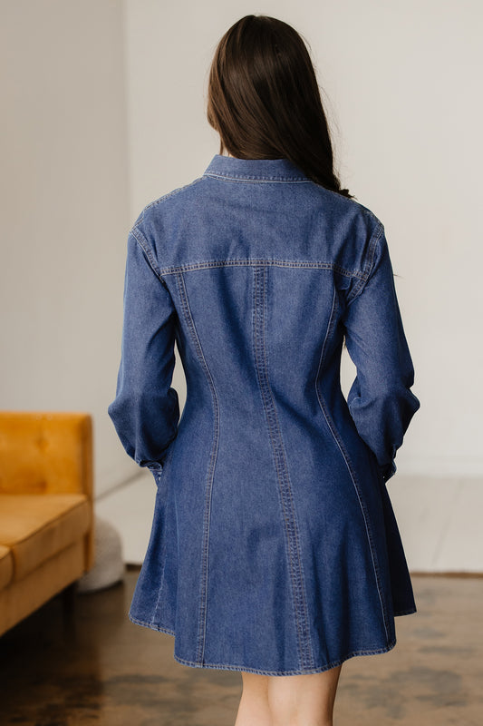 Ashleigh Blue Denim Shirt Collar Long Sleeve Flared Mini Dress