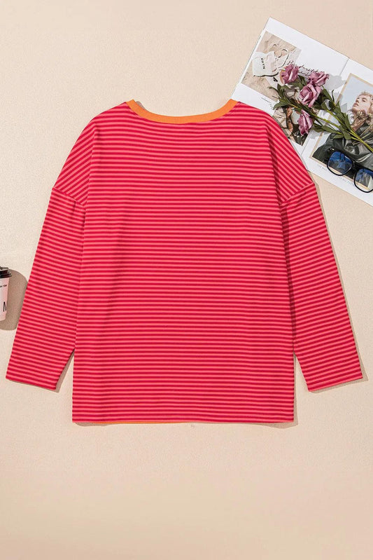 Plus Size/Plus Size Tops/Plus Size Long Sleeve Tops Orange Stripe Plus Size Drop Shoulder Long Sleeve Buttoned Decor Top