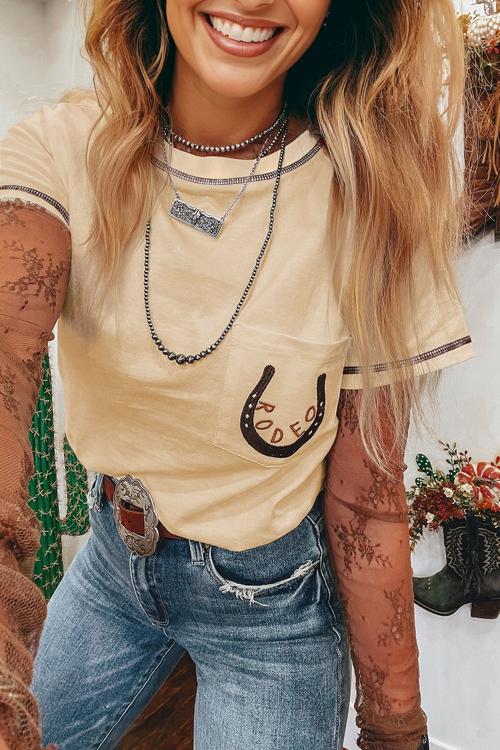 Apricot RODEO Horseshoe Embroidered Patch Pocket T Shirt