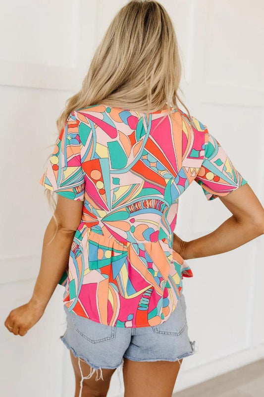 Tops/Blouses & Shirts Multicolor Boho Abstract Pattern Split V Neck Flowy Blouse