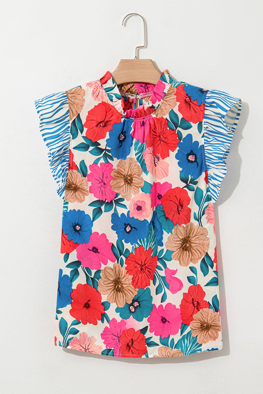 Sky Blue Floral Mock Neck Striped Flutter Sleeve Blouse
