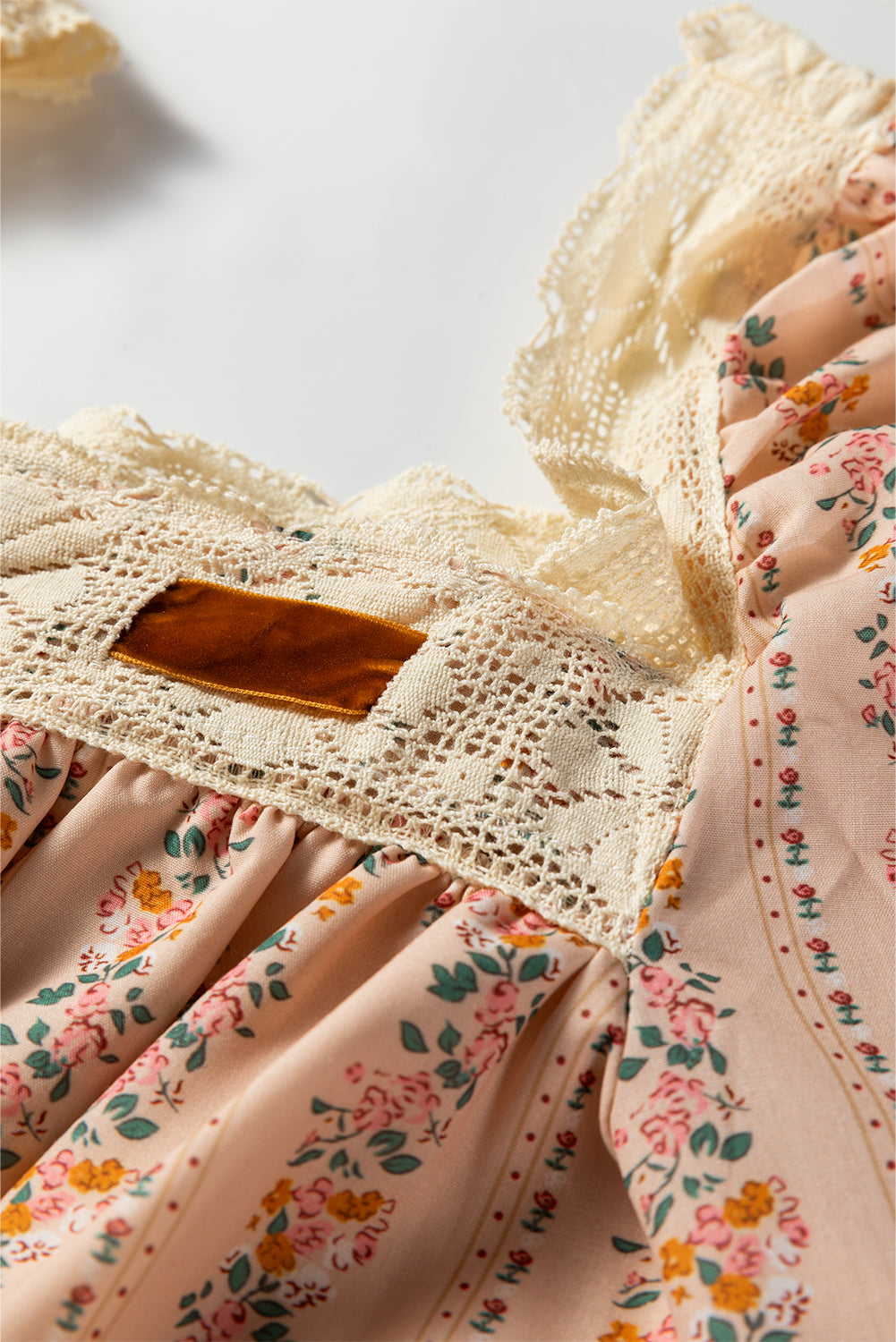 Khaki Floral Print Contrast Velvet Bow Lace Patchwork Long Sleeve Loose Mini Dress