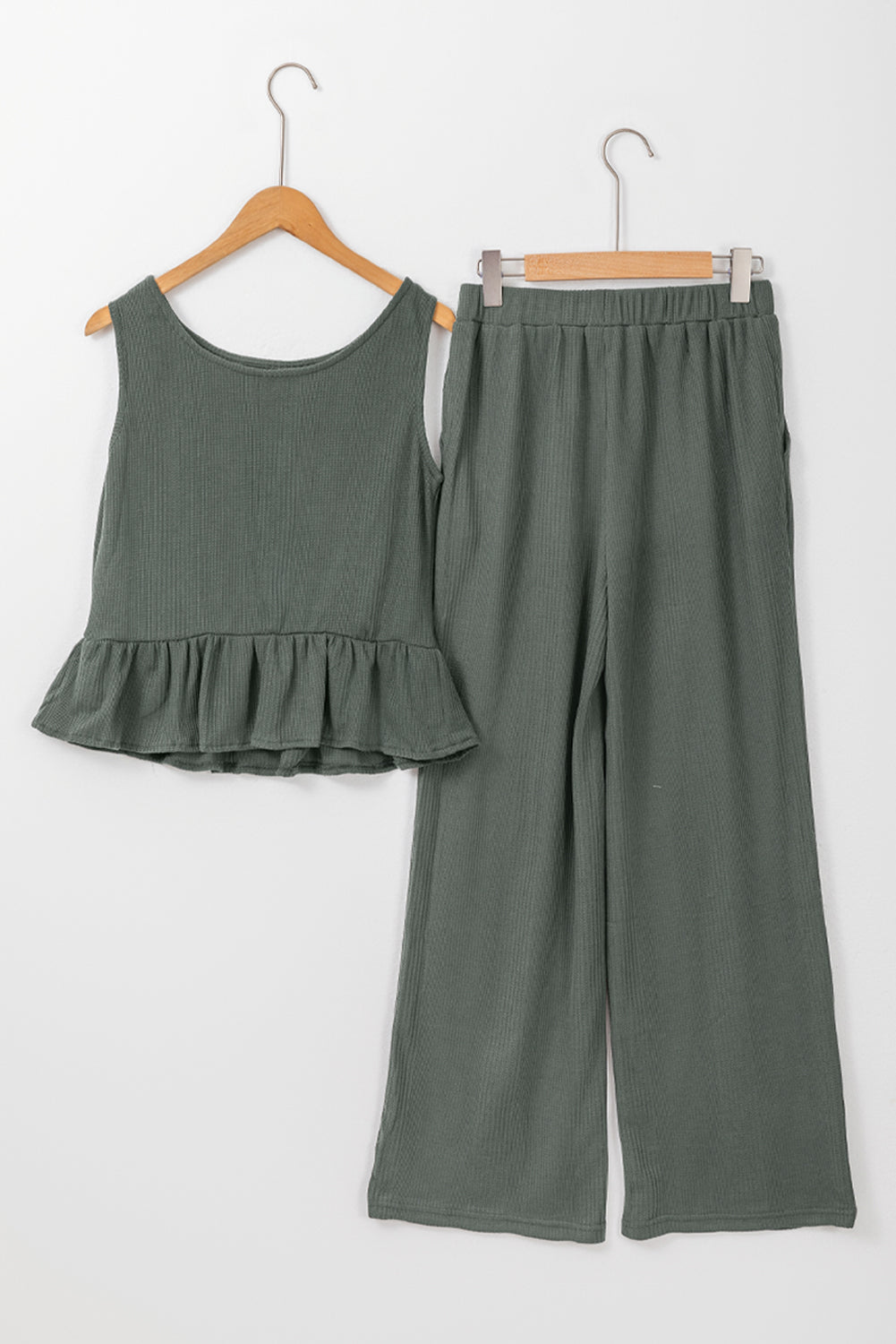 Duffel Green Solid Color Ribbed Ruffle Tank Top and Pants Set