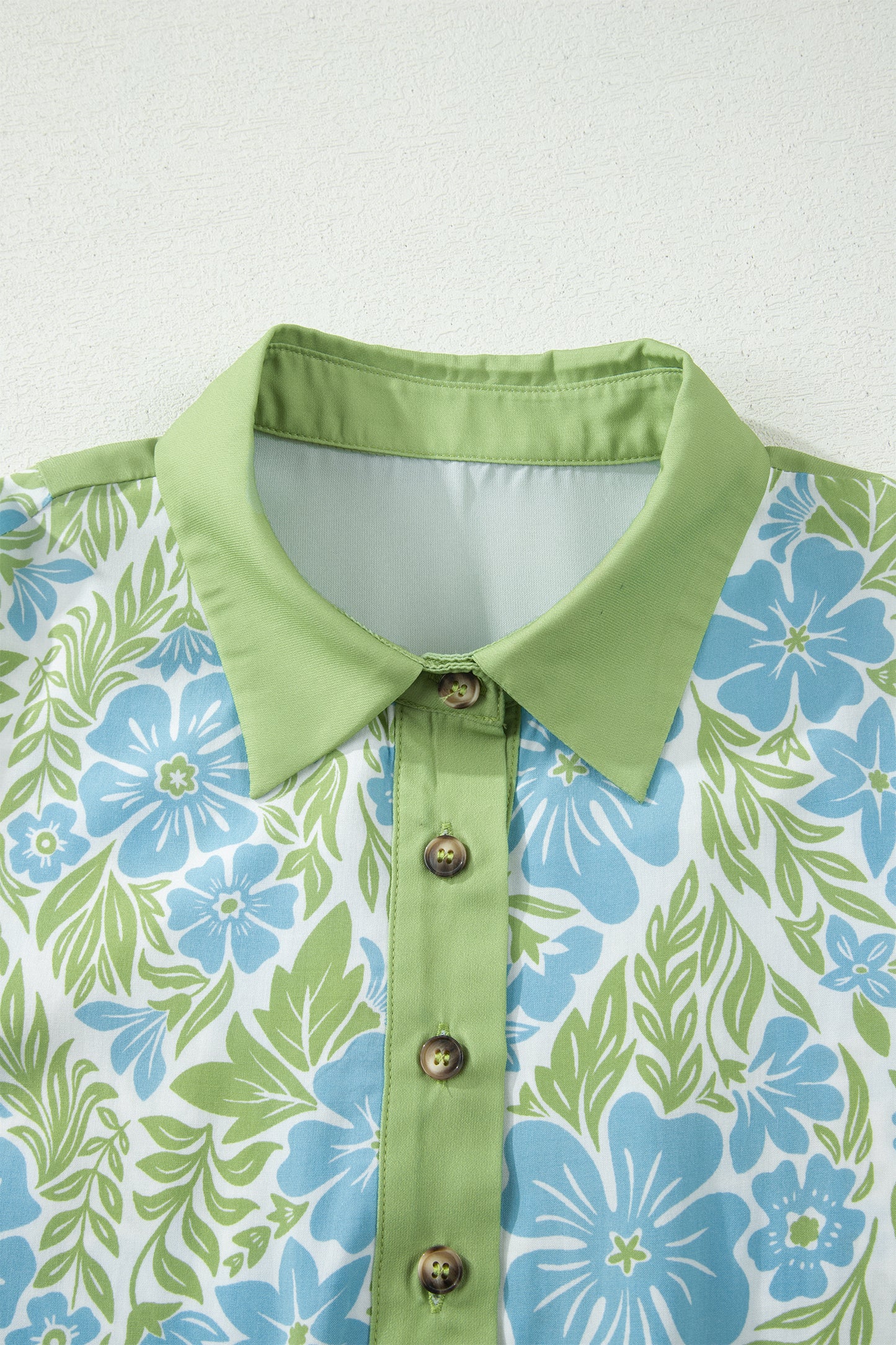 Sky Blue Floral Print Color Block Patchwork Shirt Collar Half Sleeve Mini Dress