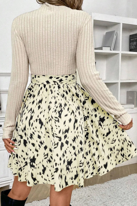 Beige Ribbed Knit Patchwork Printed Belted A-line Dress - Chic Meadow Boutique