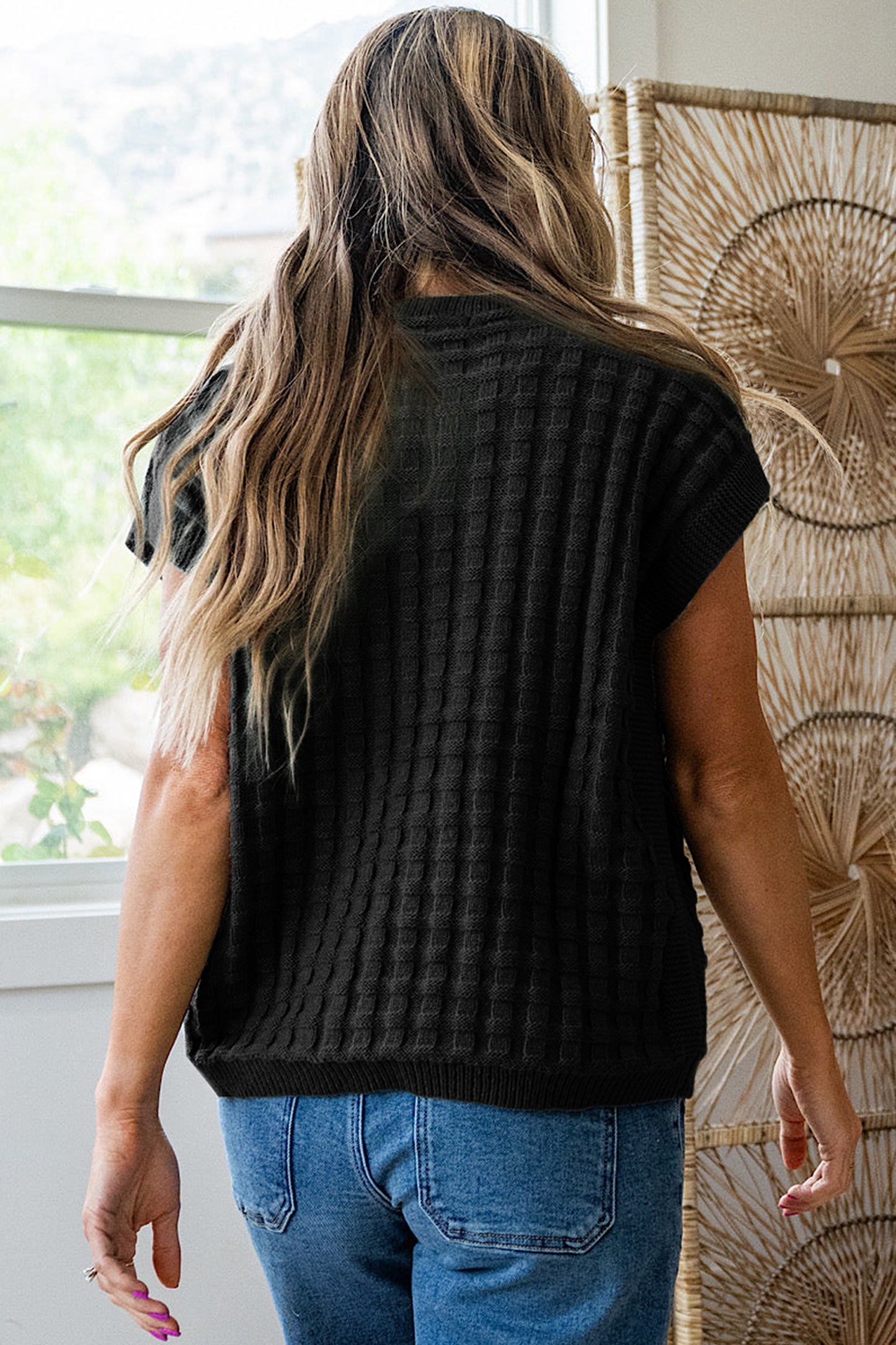 Black Solid Color Round Neck Textured Short Sleeve Sweater