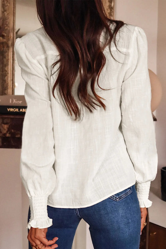 White Floral Embroidered Shirred Sleeve Elegant Shirt - Chic Meadow Boutique