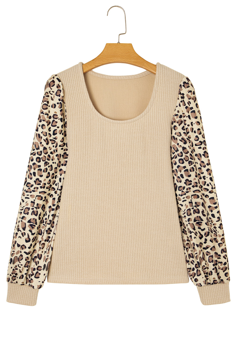 Apricot Leopard Sleeve Patchwork Ribbed Knit U Neck Top