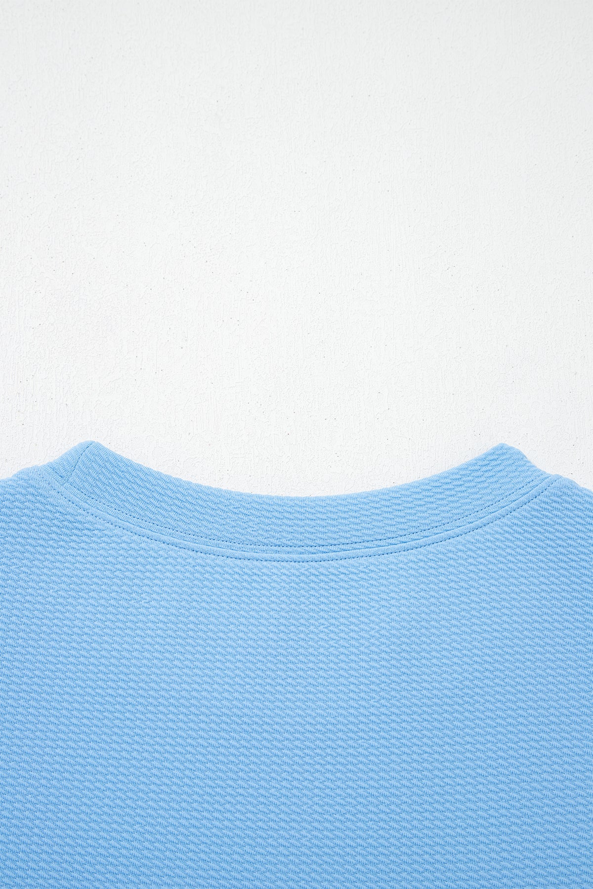 Light Blue Round Neck Textured Contrast Floral Bubble Sleeve Blouse