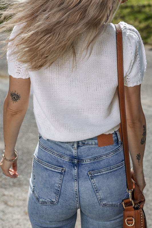White Pointelle Knit Short Puff Sleeve Crewneck Sweater