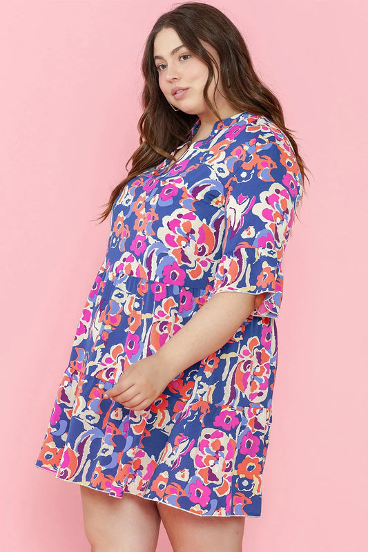 Blue Plus Size Floral Print Ruffled 3/4 Sleeve Mini Dress - Chic Meadow Boutique