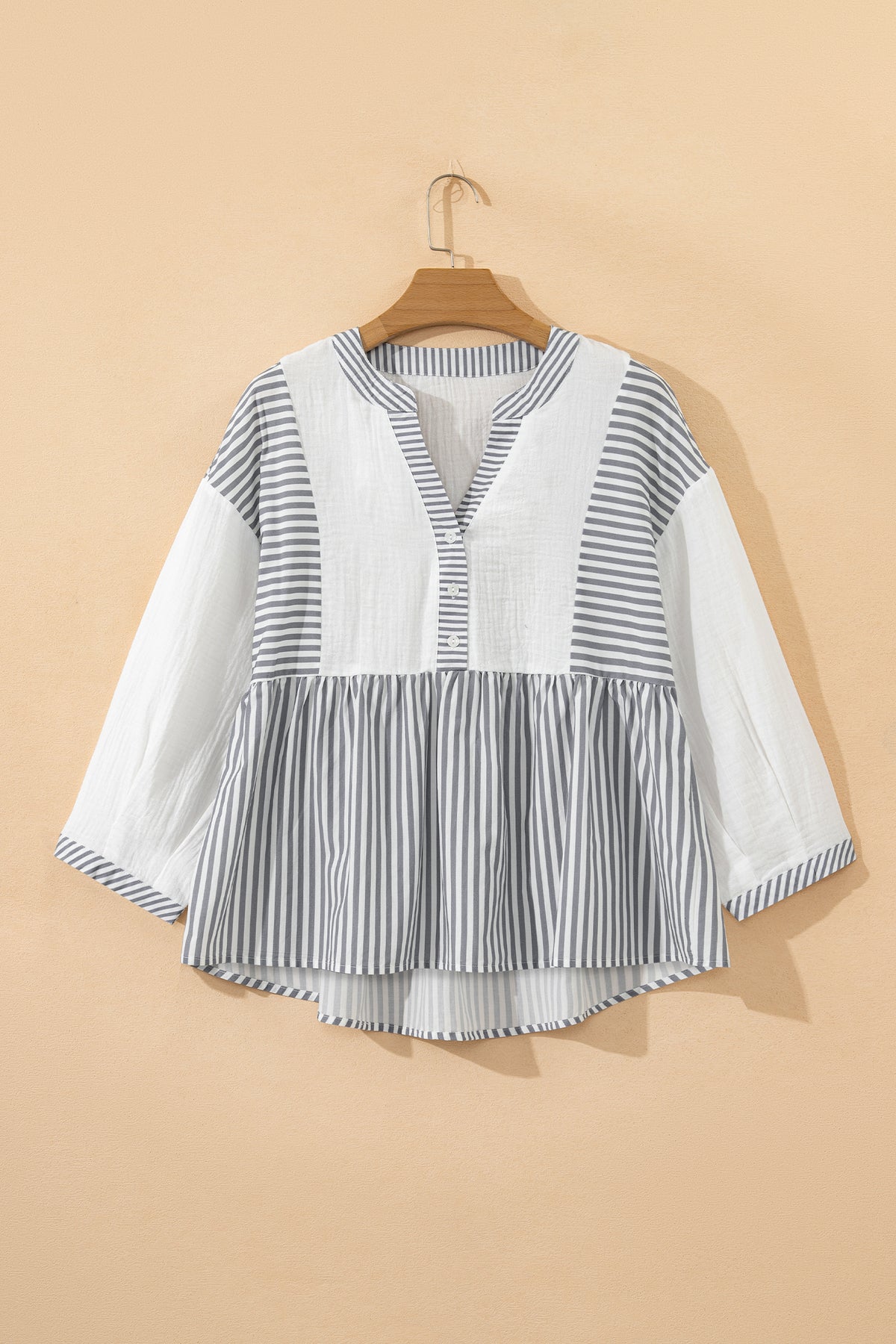 Gray Stripe Half Button Gauze Patchwork Bracelet Sleeve Babydoll Blouse