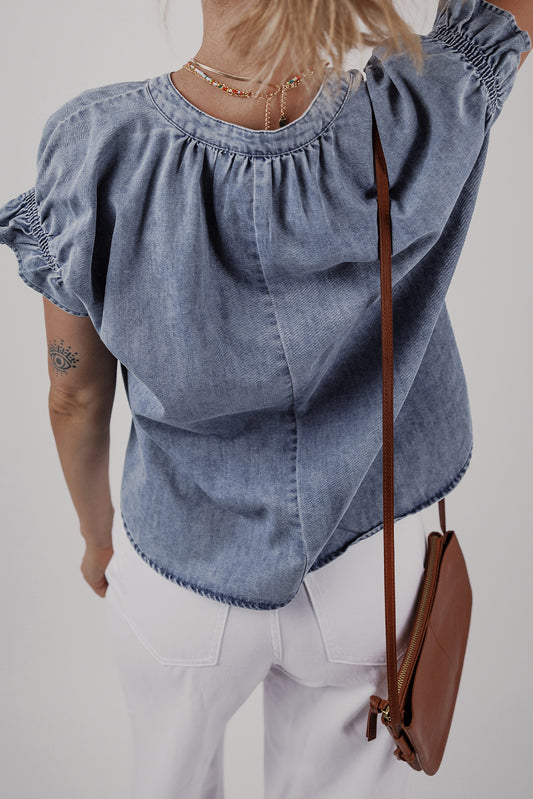 Dusk Blue V Neck Ruffled Short Puff Sleeve Denim Top