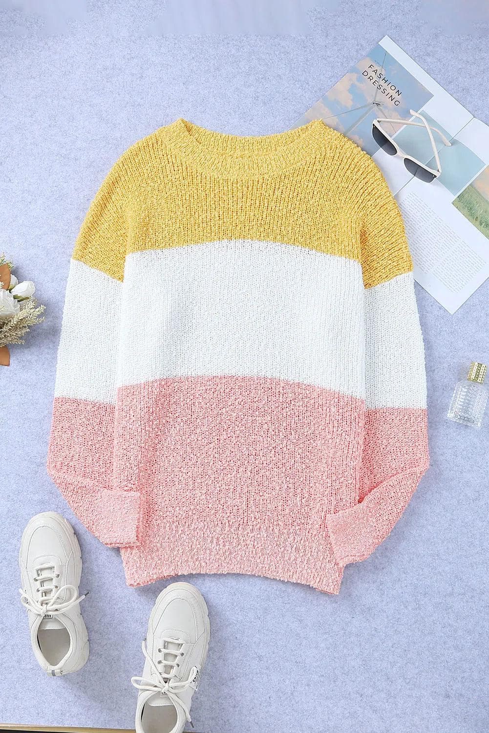 Plus Size/Plus Size Sweaters & Cardigans Yellow Colorblock Bubble Sleeve Plus Size Sweater