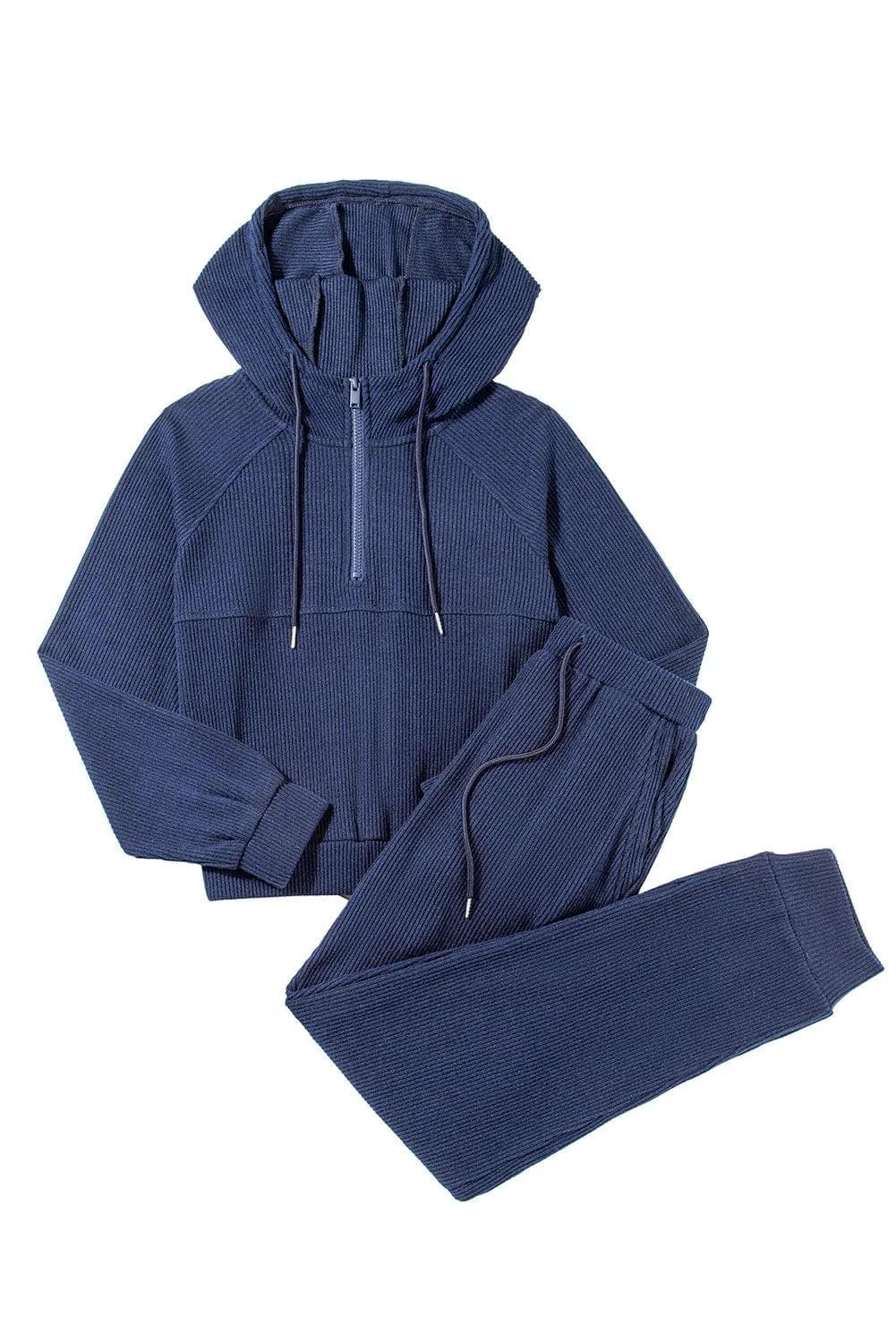 Activewear/Activewear Sets Navy Blue Ribbed Knit Cropped Hoodie and Drawstring Joggers Set