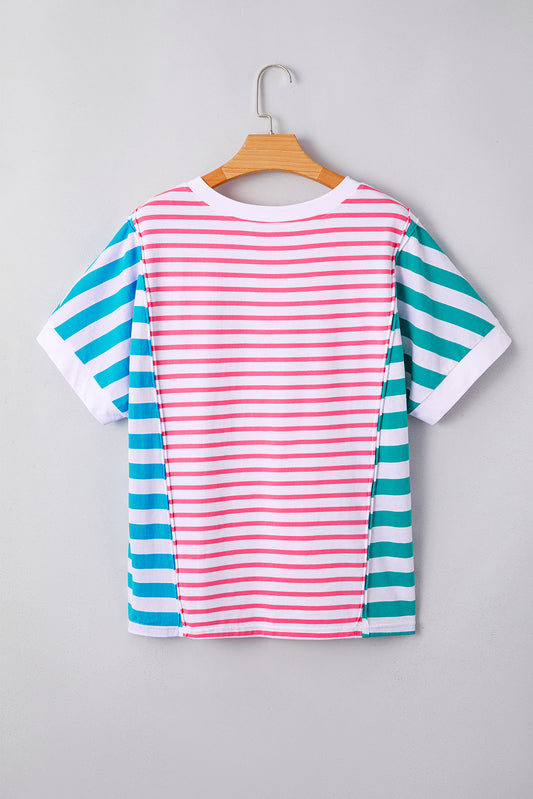 Pink Stripe Mixed Pattern Patchwork Uneven Hem Loose Tee