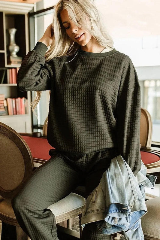 Two Piece Sets/Pant Sets Vineyard Green Solid Color Quilted Textured Pullover and Joggers Set