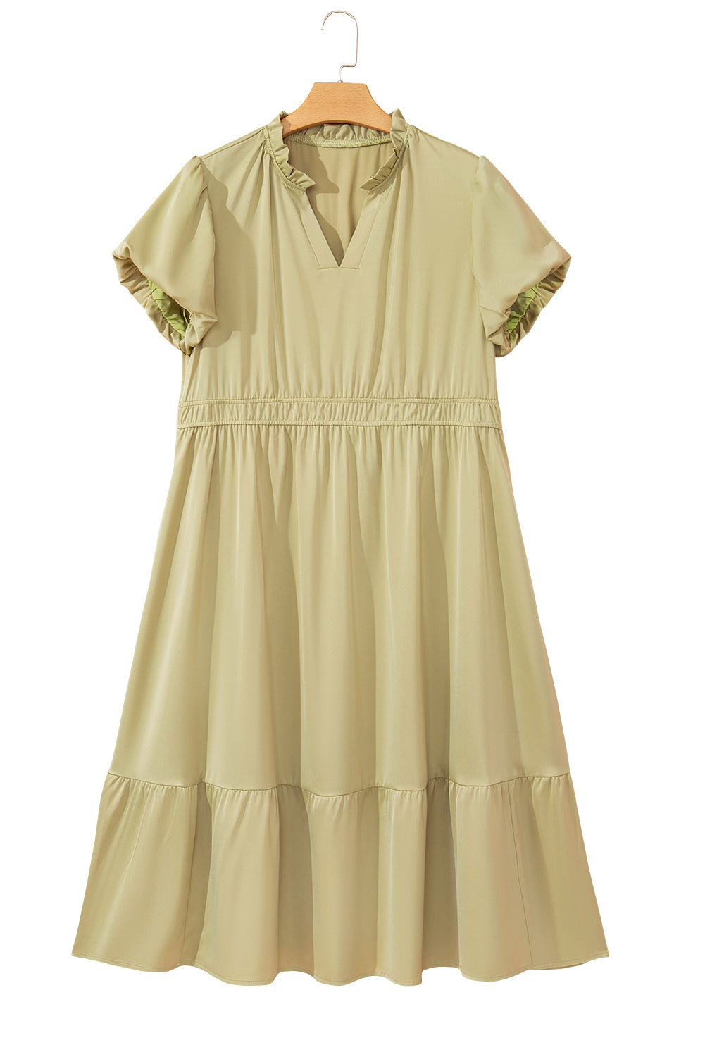 Laurel Green Notched V Neck Puff Sleeve Tiered Plus Size Maxi Dress